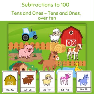 May include: Educational farm-themed subtraction game. The image features a green background with a red barn, a blue tractor, and various farm animals. The game includes subtraction problems like 75-56, 72-25, 32-19, 63-48, and 68-39.
