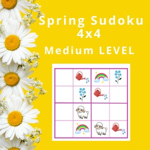 May include: A yellow background with white daisies and a spring-themed Sudoku puzzle. The puzzle is 4x4 with a medium difficulty level. The puzzle's illustrations include a watering can, rainbow, flowers, and a sheep.
