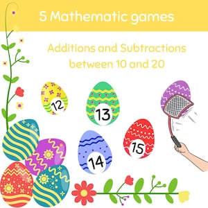 Mathematics game, additions and subtractions between 10 and 20, for children, Easter Eggs, 5 GAMES - Digital Download to print at home