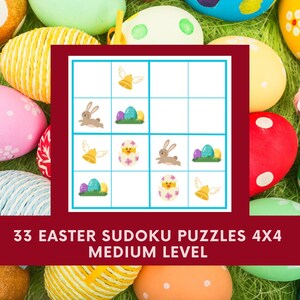 May include: A square Easter-themed Sudoku puzzle with a grid of 4x4 squares, featuring illustrations of bunnies, Easter eggs, and bells. The text at the bottom reads "33 Easter Sudoku Puzzles 4x4 Medium Level". The background is filled with colorful Easter eggs.