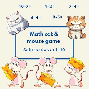 Op de afbeelding: Kleurrijke educatieve illustratie met een rekenspel met cartoonkatten en -muizen. De tekst luidt "Math cat & mouse game Subtractions till 10" met aftreksommen. De katten en muizen houden kaas vast.