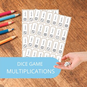 Op de afbeelding: Educatief spelmateriaal met vermenigvuldigingsproblemen en dobbelsteenillustraties. De afbeelding toont bedrukte kaarten met vergelijkingen, kleurpotloden en een paar dobbelstenen. De tekst "DICE GAME MULTIPLICATIONS" wordt weergegeven.