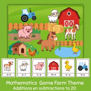 Op de afbeelding: Een kleurrijk educatief spel met boerderijthema met cartoon dieren en een rode schuur. Het spel bevat optelproblemen met antwoorden. De tekst onderaan luidt "Mathematics Game Farm Theme Additions en subtractions to 20."