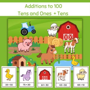 May include: Educational farm-themed math flashcards for addition. The image features a green background with a blue tractor, red barn, and various farm animals. The cards display addition problems like 33 + 50, 75 + 20, 64 + 30, 43 + 30, and 83 + 10.