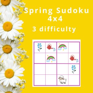 May include: A yellow background with white daisies and a spring-themed Sudoku puzzle. The puzzle is 4x4 with 3 difficulty levels. The puzzle includes images of a watering can, rainbow, flower, and a lamb.