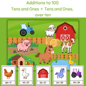 May include: Educational illustration featuring farm animals and addition problems. A blue tractor, pink pig, white sheep, brown horse, and a calf are depicted. The image includes addition problems like 68+17, 45+37, 55+27, 24+39, and 49+34.