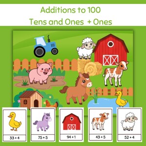 May include: Educational farm-themed flashcards for addition practice. The image features a green background with a blue tractor, red barn, and various farm animals. The cards display addition problems like 33+4, 75+5, 94+1, 43+5, and 52+4.