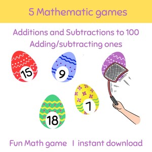 Mathematics game I  Additions and Subtractions to 100 I Adding Subtracting ones  I Easter I  5 GAMES - Digital Download to print at home