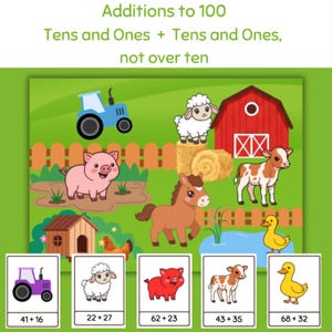 Può includere: Immagine educativa a tema fattoria. Presenta uno sfondo verde con un fienile rosso, animali e un trattore blu. Include problemi di addizione come 41+16, 22+27, 62+23, 43+35 e 68+32, progettati per l'apprendimento.