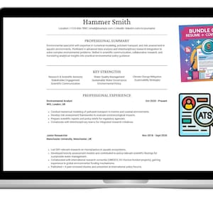 May include: A laptop screen shows a resume and cover letter template. The resume details professional experience and key strengths. A colourful graphic advertises a bundle offer for resume and cover letter. An ATS icon is also visible.