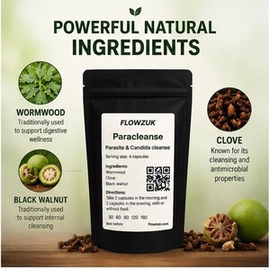 May include: A black pouch labeled "Paracleanse" with text detailing ingredients and directions. The image includes illustrations of wormwood, clove, and black walnut, with text highlighting their benefits. The product is for parasite and candida cleanse.