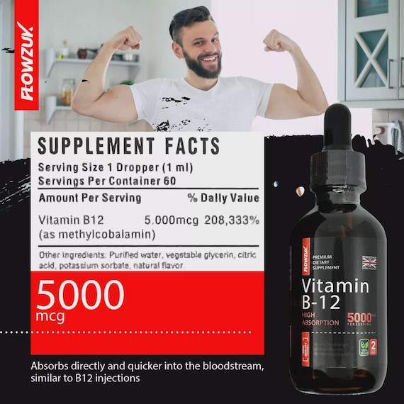 Vitamin B12 Liquid Drops 5000mcg | Methylcobalamin | 60ml Dropper |  Vegan-friendly | UK Made | Flowzuk Wellness