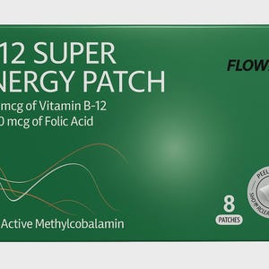 May include: A green box with the text "B-12 SUPER ENERGY PATCH" and details of Vitamin B-12 and Folic Acid content. The box also states "100% Active Methylcobalamin" and contains 8 patches.