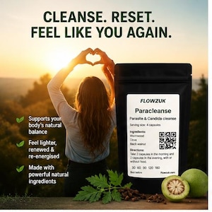 May include: A product package labeled "Paracleanse" with text that reads "Cleanse. Reset. Feel Like You Again." The package is black with a white label listing ingredients and directions. The image includes a person with arms raised in a heart shape.