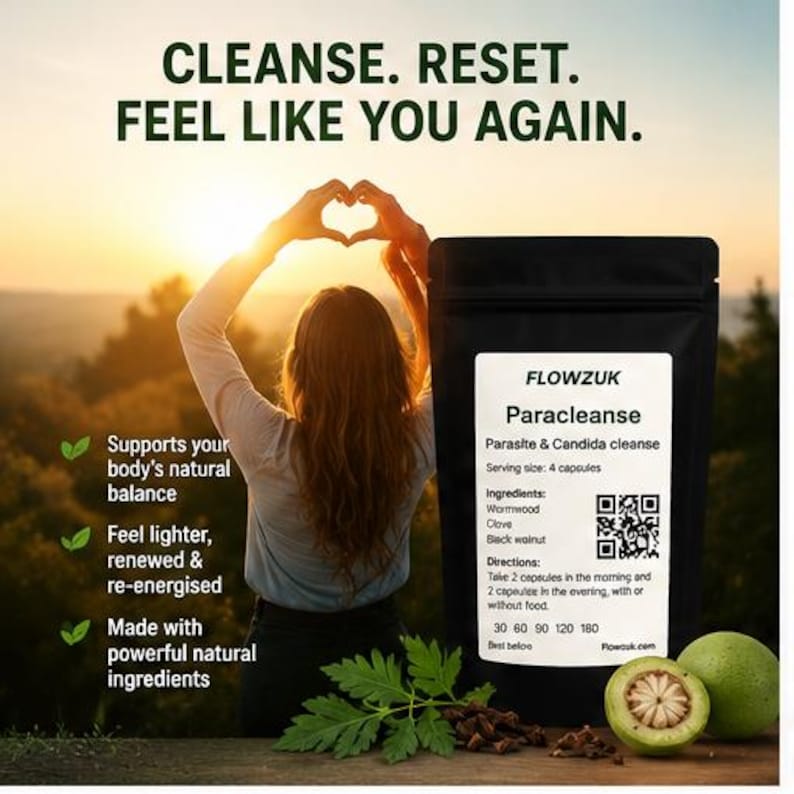 May include: A product package labeled "Paracleanse" with text that reads "Cleanse. Reset. Feel Like You Again." The package is black with a white label listing ingredients and directions. The image includes a person with arms raised in a heart shape.