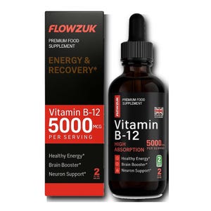 Pode incluir: Um frasco conta-gotas de vidro âmbar escuro de suplemento alimentar Flowzuk Vitamina B-12 5000 mcg ao lado da sua caixa preta e vermelha. A embalagem apresenta textos como Energy & Recovery, High Absorption, Healthy Energy, Brain Booster e Neuron Support, com um volume de 60 ml.