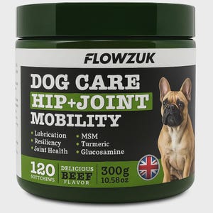 May include: A green container of Flowzuk Dog Care Hip+Joint Mobility soft chews. The label includes a picture of a French Bulldog, and lists ingredients like MSM, Turmeric, and Glucosamine. The container holds 120 soft chews and weighs 10.58 oz.