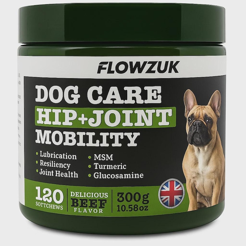 May include: A green container of Flowzuk Dog Care Hip+Joint Mobility soft chews. The label includes a picture of a French Bulldog, and lists ingredients like MSM, Turmeric, and Glucosamine. The container holds 120 soft chews and weighs 10.58 oz.
