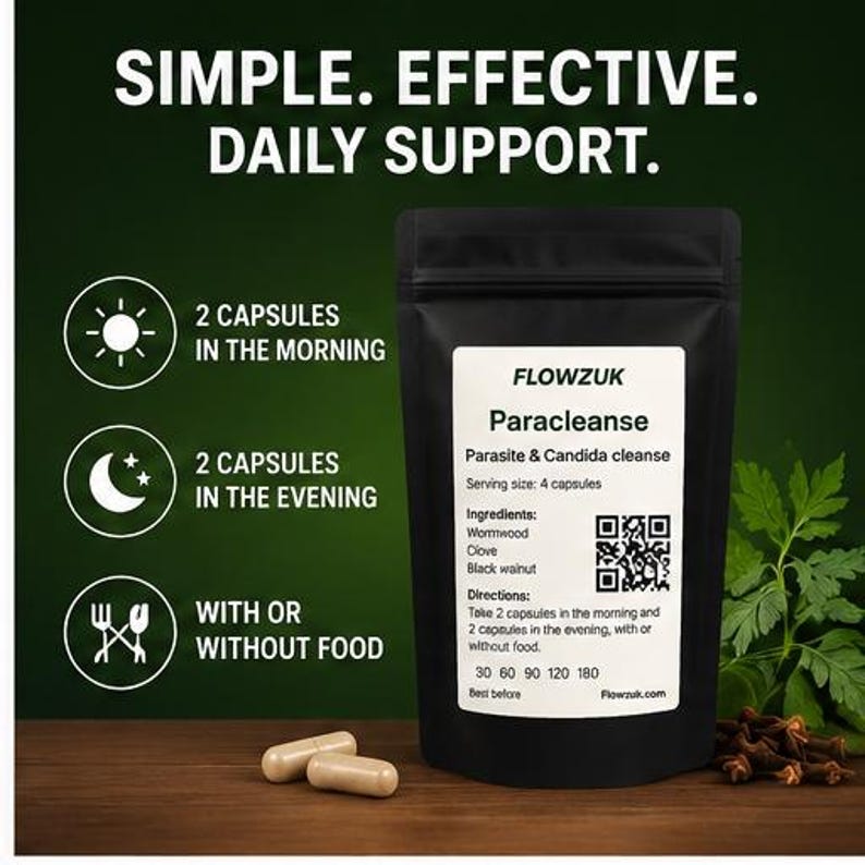May include: A black pouch of Flowzuk Paracleanse capsules with the text "SIMPLE. EFFECTIVE. DAILY SUPPORT." The label lists ingredients and directions. Two capsules are shown in the foreground.