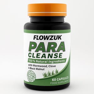 Op de afbeelding: Een zwarte fles met een oranje dop, met de tekst "FLOWZUK PARA CLEANSE". Het witte en groene etiket vermeldt 100% natuurlijke ingrediënten, waaronder alsem, kruidnagel en zwarte walnoot. Bevat 60 capsules, een voedingssupplement.