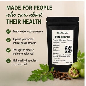May include: Black pouch of "Paracleanse" capsules, a parasite and candida cleanse, with ingredients listed. The image includes text: "Made for people who care about their health." Green leaves, cloves, and fruit are also visible.