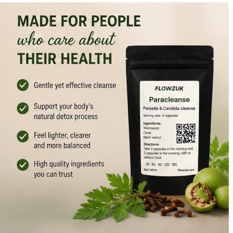 May include: Black pouch of "Paracleanse" capsules, a parasite and candida cleanse, with ingredients listed. The image includes text: "Made for people who care about their health." Green leaves, cloves, and fruit are also visible.
