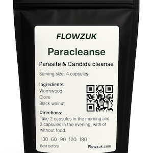 May include: Black pouch with a white label featuring the text "FLOWZUK Paracleanse" and details about a parasite and candida cleanse. The label includes ingredients like wormwood and clove, and directions for use.