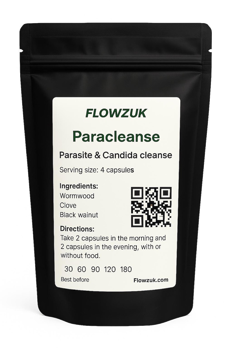 May include: Black pouch with a white label featuring the text "FLOWZUK Paracleanse" and details about a parasite and candida cleanse. The label includes ingredients like wormwood and clove, and directions for use.