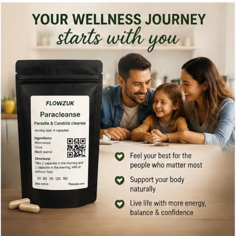 May include: A black pouch of "FLOWZUK Paracleanse" capsules, with text listing ingredients and directions. The image includes a family of three smiling, with text that reads "Your wellness journey starts with you."