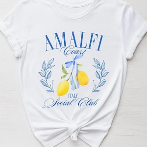 Camiseta blanca del Club Social de la Costa Amalfitana italiana: camiseta veraniega con estampado de limones, estilo retro moderno y popular en EE. UU. y Francia. Moda informal.