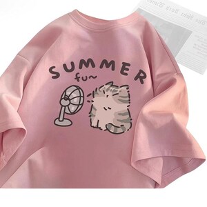 Cute Pink Summer T-Shirt – Kawaii Cat with Fan Graphic Tee – Soft Oversized Harajuku Shirt for Women, Girls, Aesthetic Lovers
