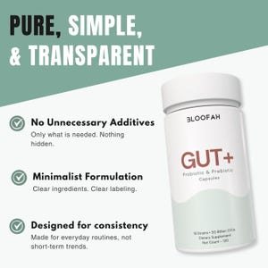 May include: A white supplement bottle with the text "GUT+" and "Probiotic & Prebiotic Capsules." The bottle also has the text "PURE, SIMPLE, & TRANSPARENT" and "No Unnecessary Additives."