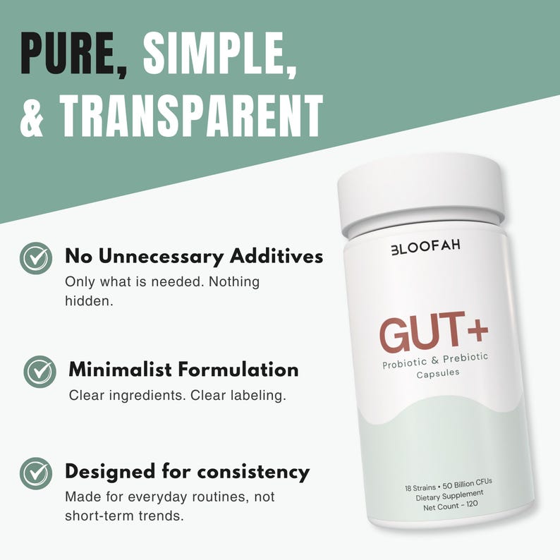 May include: A white supplement bottle with the text "GUT+" and "Probiotic & Prebiotic Capsules." The bottle also has the text "PURE, SIMPLE, & TRANSPARENT" and "No Unnecessary Additives."