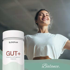 May include: A white bottle of "BLOFAH GUT+" Probiotic & Prebiotic Capsules. The bottle is next to a person wearing a white t-shirt with their arms outstretched and eyes closed. The word "Balance" is written in cursive at the bottom.