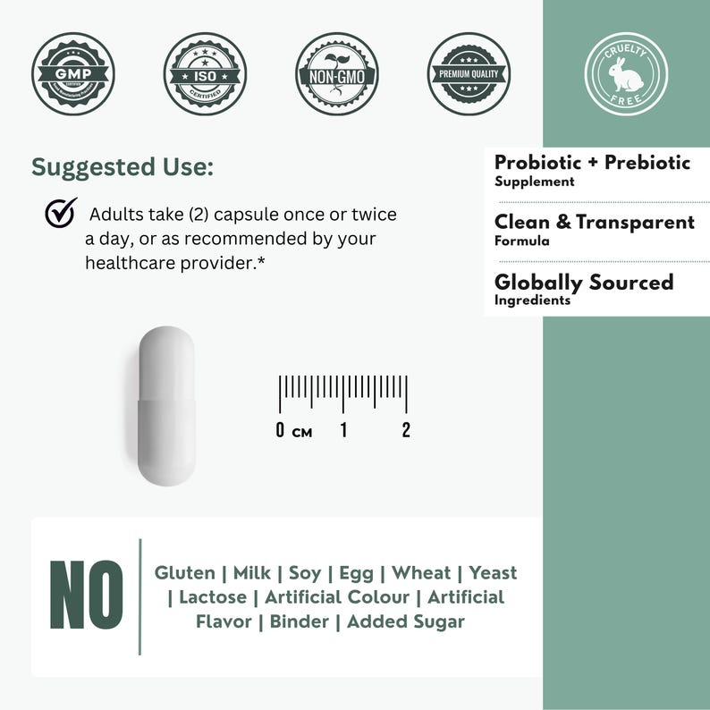 May include: A white capsule, about 1 cm long, is shown with a ruler for scale. The image includes text indicating the product is a Probiotic + Prebiotic Supplement, with a clean and transparent formula, and globally sourced ingredients. The product is cruelty-free.