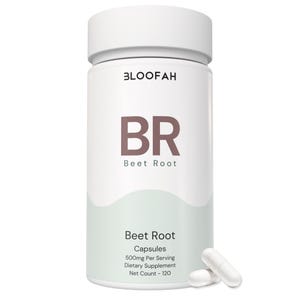 May include: A white cylindrical bottle of "Beet Root" capsules. The bottle has a white lid and a light green curved design. The text "BLOOFAH" is at the top, with "BR" in large brown letters below. The label reads "Beet Root Capsules 500mg Per Serving Dietary Supplement Net Count - 120".