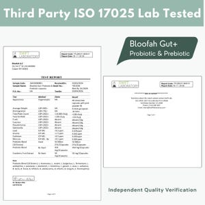 May include: A laboratory test report for Bloofah Gut+ Probiotic & Prebiotic capsules. The document includes test results, sample information, and the Swift Laboratory logo. The report is ISO 17025 lab tested.