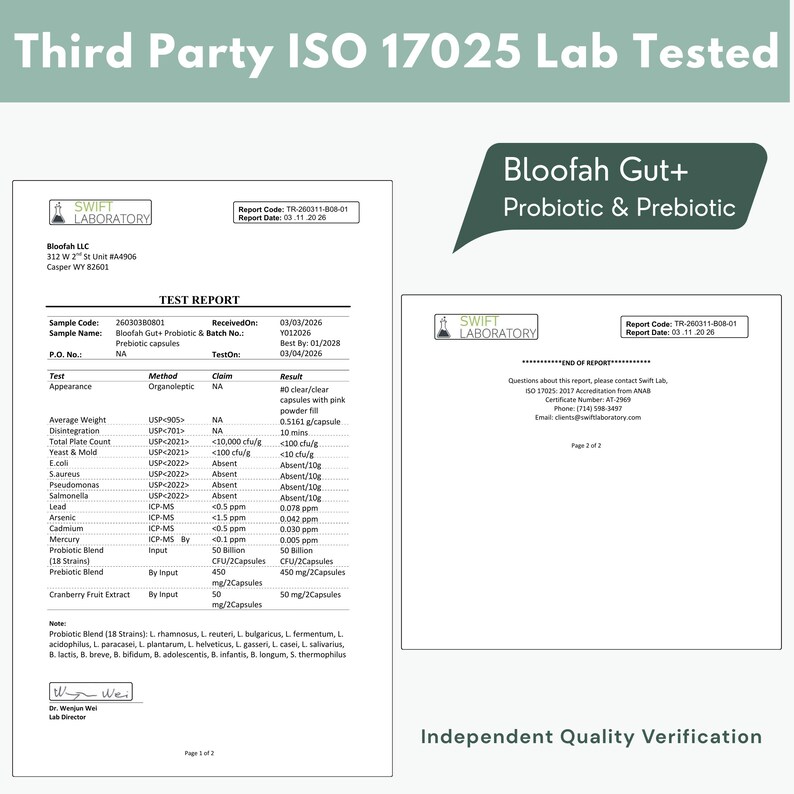 May include: A laboratory test report for Bloofah Gut+ Probiotic & Prebiotic capsules. The document includes test results, sample information, and the Swift Laboratory logo. The report is ISO 17025 lab tested.