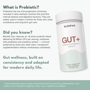 May include: A white bottle of Bloofah GUT+ probiotic capsules. The bottle has a white cap and a label with the text "GUT+" in red. The label also includes the words "Probiotic & Prebiotic Capsules". The bottle contains 120 capsules.