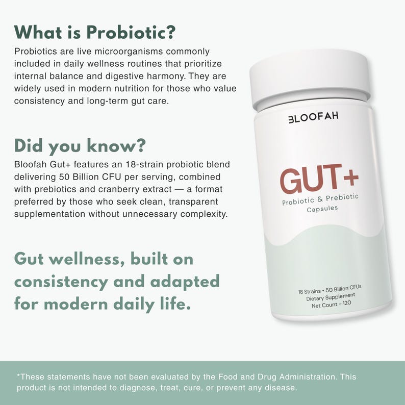 May include: A white bottle of Bloofah GUT+ probiotic capsules. The bottle has a white cap and a label with the text "GUT+" in red. The label also includes the words "Probiotic & Prebiotic Capsules". The bottle contains 120 capsules.