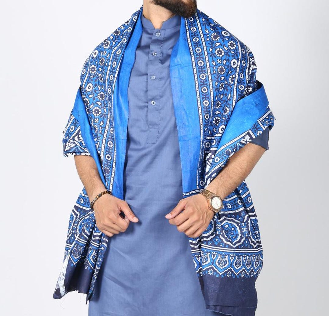 Hand Block-Printed Sindhi Ajrak Shawl / Scarf - Unisex, Indigo & Red, Pakistan