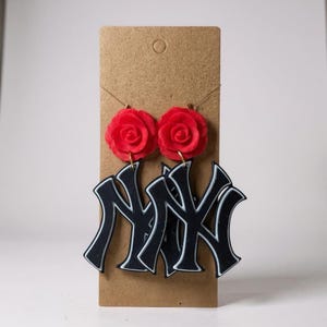 NY Yankees Rose Earrings | 3D Printed Baseball Jewelry | NEW YORK Game Day Style Accessories