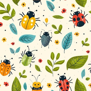 May include: A whimsical pattern featuring colorful beetles, leaves, and flowers on a cream background. The beetles are depicted in various colors, including yellow, orange, green, and red, with black details. Green leaves and small red and yellow flowers complete the design.