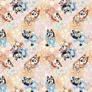 May include: A repeating pattern featuring cartoon dogs in various poses, in shades of blue, orange, and brown. The dogs are set against a backdrop of light peach-colored flowers with blue and yellow accents. The overall design has a playful and whimsical feel.
