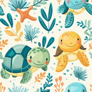 Sea Turtle Cartoon Print Cotton Fabric, Anime Style (By The Half Yard)