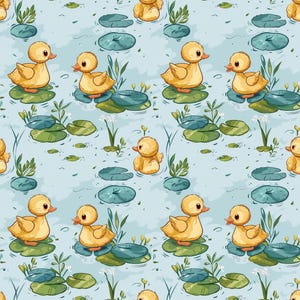 May include: A repeating pattern featuring yellow cartoon ducklings on lily pads in a pond. The ducklings have orange beaks and are surrounded by green lily pads, aquatic plants, and a light blue water background. The design is whimsical and suitable for children's products.