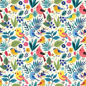 May include: A vibrant, repeating pattern showcasing stylized birds, flowers, and foliage in yellow, blue, pink, and green. The design includes various leaf shapes and floral elements on a cream background.