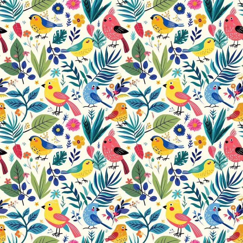 May include: A vibrant, repeating pattern showcasing stylized birds, flowers, and foliage in yellow, blue, pink, and green. The design includes various leaf shapes and floral elements on a cream background.