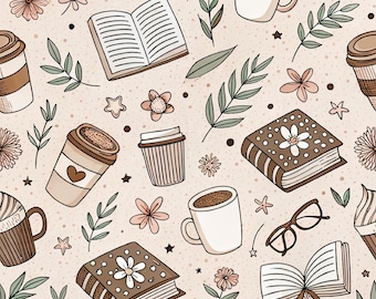 Tessuto Coffee And Books, tessuto beige caffè, tessuto 100% cotone, al metro quadro