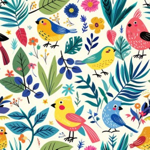 May include: A vibrant pattern showcasing cartoon birds and tropical plants. The design features birds in yellow, blue, and pink, set amongst green leaves and colorful flowers. The background is a pale cream colour.